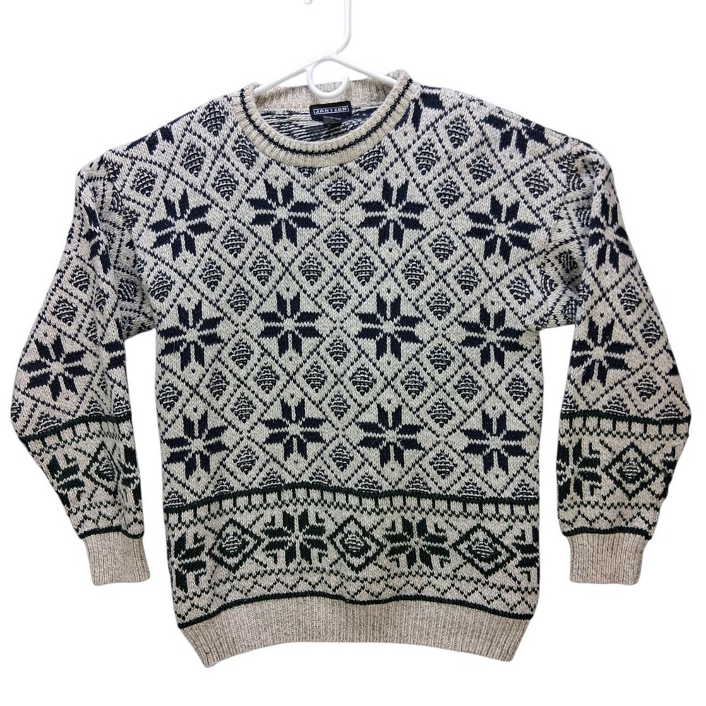 Vintage Jantzen Mens Nordic Fair Isle Cotton Crewneck Sweater Green Navy Large